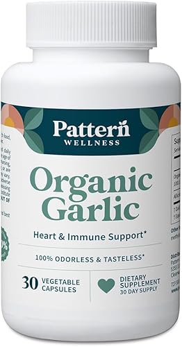 Pattern Wellness Ajo orgánico inodoro - 1000 mg - Apoya la salud circulatoria e inmune - Sin OMG, sin gluten, vegano - 30 cápsulas