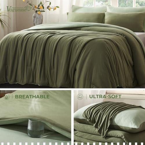 Image of Full Size Comforter Set, Comforters Full Size Luxury Ultra-Soft Jersey Knit Bedding Set, Olive /Sage Green Lightweight Down Alternative Bed Comforter for All Season, 3 Piece Bedding Set
