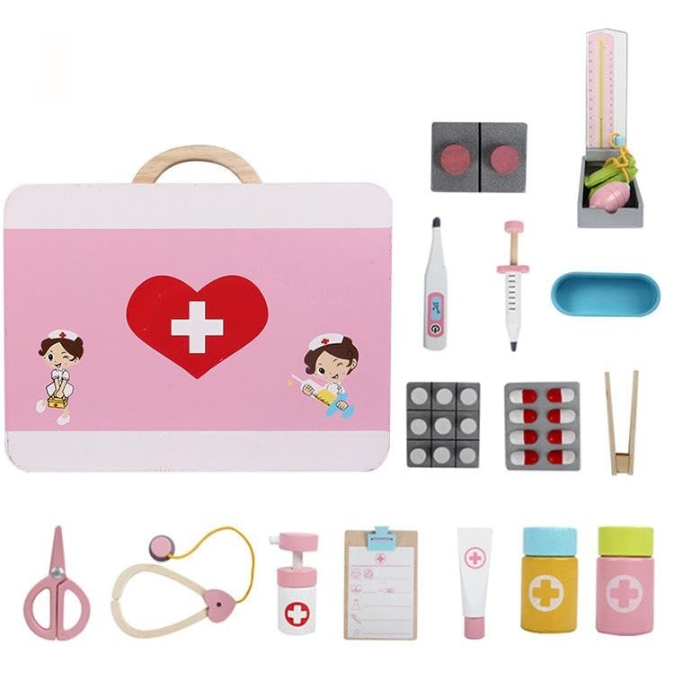 Image of Wooden Doctor Kit for Kids- Medical Kits Pretend Role Play Educational Toy with Storage Case for Kids Girls Boys (Pink)