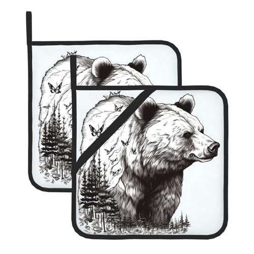 Presine da 2 pezzi con tasca, sottopentola resistente al calore per piani di lavoro, presine a forma di orso disegnato a mano per la cucina, cottura e sottopentola