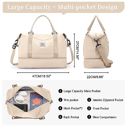 SYCNB Weekender Bags for Women,Personal Item Travel Bag with Shoes Compartment,Overnight Travel Duffel Bag,Gym Bag,Beige4