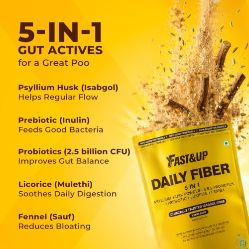 Image of Fast&Up Daily Fiber Isabgol Powder | Psyllium Husk | Fiber Supplement Powder | Constipation Relief | Digestion and Gut Health | Lime & Lemon Flavour | 15 Servings