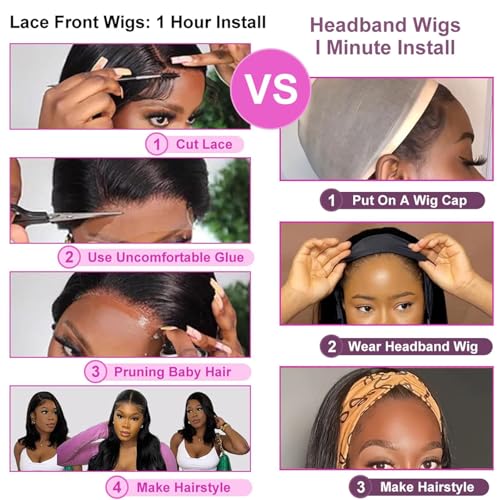 Image of Headband Wig Human Hair Straight Glueless None Lace Front Wig Machine Made Human Hair Wigs Brazilian Virgin Straight Hair Headband Half Wigs for Black Women Natural Color 16 Inch