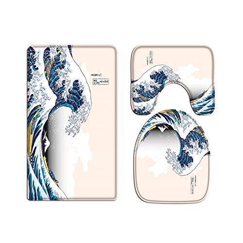 A.Monamour Juego de 3 Alfombrillas de Baño La Gran Ola De Kanagawa Estilo Tradicional Japonés Franela Absorbente Antideslizantes Alfombra de Baño Tapete