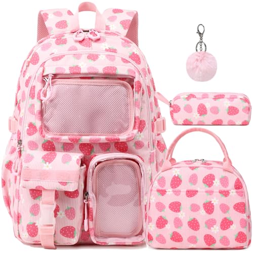 Kimwadalh Strawberry Backpack for Girls 3 in 1 Kawaii Ita Backpack with Lunch Bag Pencil Case Aesthetic Teen School Bookbag for Middle High College School