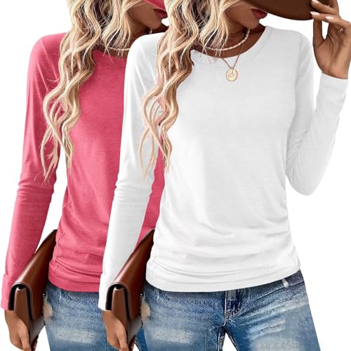 Image of Gihgoew 2 Pack Womens Tops Crewneck Soft Long Sleeve Shirts Fall Clothes Casual Tshirts Basic Tee