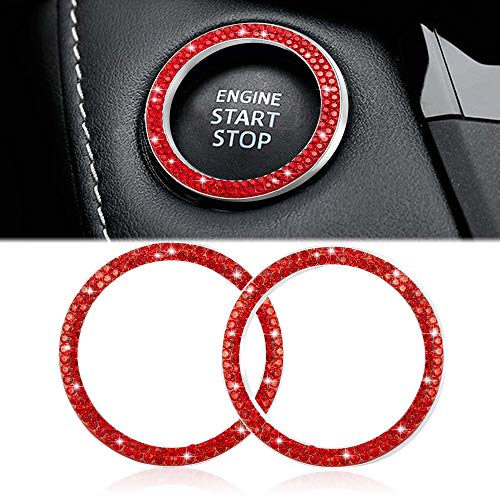 WINKA 2pcs Bling Car Engine Start Button Cover Diamond Crystal Push Start Stop Button Ring Sparkly Bling Ignition Button Cover Rhinestone Keyless Ignition Ring Universal Car Accessories (Red)