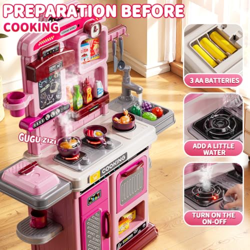 Image of Play Kitchen Playset Cooking Accessories - with Steam, Sound & Light, Cooking Stove, Play Sink, Oven, Play Food and Toy Kitchen Accessories, Pretend Play Toys for Girls Gift