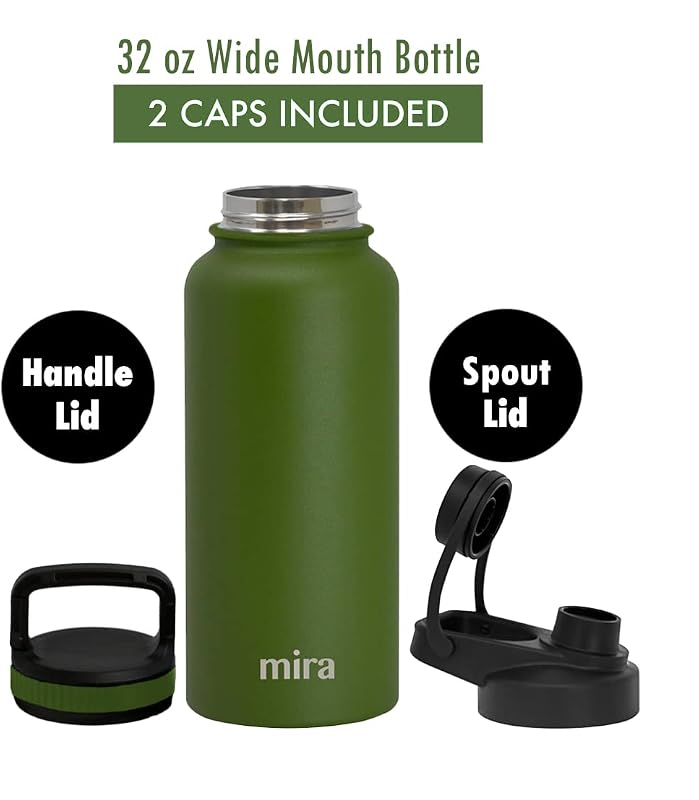 MIRA 32 oz Insulated Sports Bottle - Stainless Steel Temperature Control Thermo - Easy-Drink Spout (24Hr Cold/12Hr Hot) - Olive Green