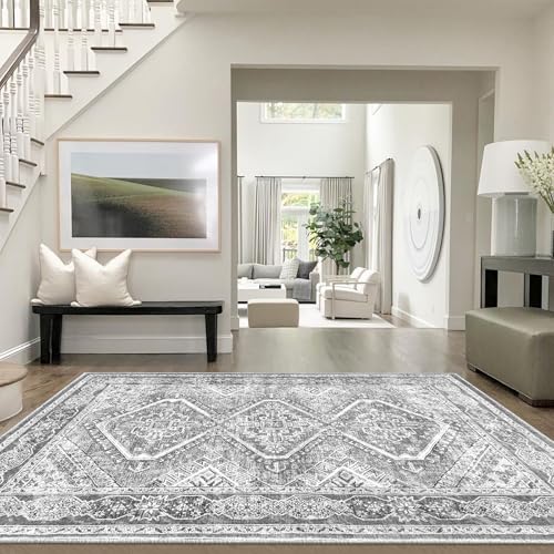 KUTA Living Room Rug 6x9 Grey Soft Blue, Washable Large Area Rugs 6ft x 9ft, Non-Slip Boho Printed Oriental Dining Room Carpet, Indoor Low-Pile Cozy Room Throw for Office Bedroom