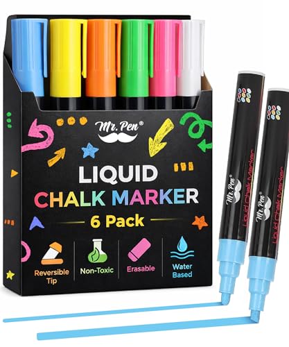 Mr. Pen- Liquid Chalk Markers 6 Pack Reversible Tip Vibrant Colors