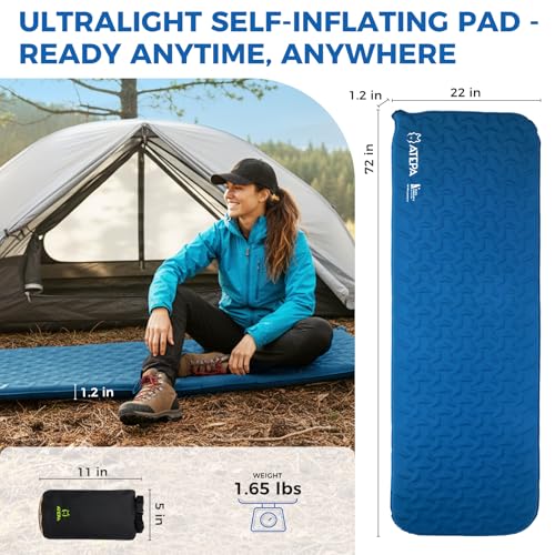 Image of ATEPA Self Inflating Sleeping Pad for Backpacking, 2.3 R-Value | 1.65lbs Ultralight, 3-Season Camping Mat, 1.2 inch Thick Insulated Foam, For Backpacking, Hiking, Trekking & Mountaineering