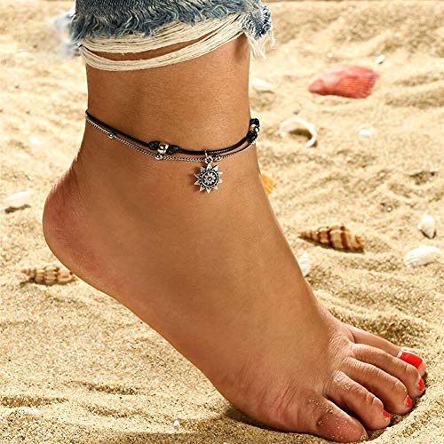 Preisvergleich Produktbild Homeofying Doppelschicht Runde Kugelkette Sonne Anhänger Frauen Sandale Fußkettchen Knöchel Armband Boho Strand Berufung Urlaub Fußkettchen für Frauen Schwarz