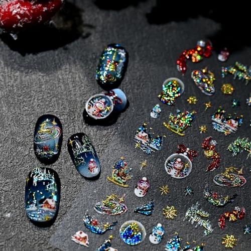 Image of Christmas Crystal Ball Nail Stickers Snowman Nail Art Stickers with Gold Design 5D Embossed Self Adhesive Nail Decals for Nails Art Xmas Manicure Decoration Accessories for Women Girls