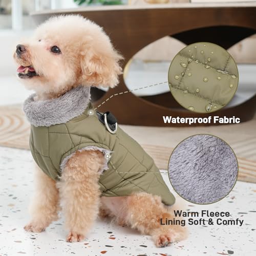 JoyDaog Warmer Fleece-Hundemantel mit strapazierfähigem Geschirr mit D-Ring, wasserdichte Welpenjacke für kleine Hunde, Hundeweste für den kalten Winter, Grün, Größe S