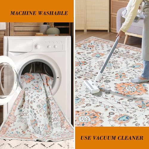 Mcadore 8x10 Area Rugs Washable Boho Rug, Non Slip Carpet for Living Room, Bedroom, Kitchen, Soft Low-Pile Rug, Beige/Floral