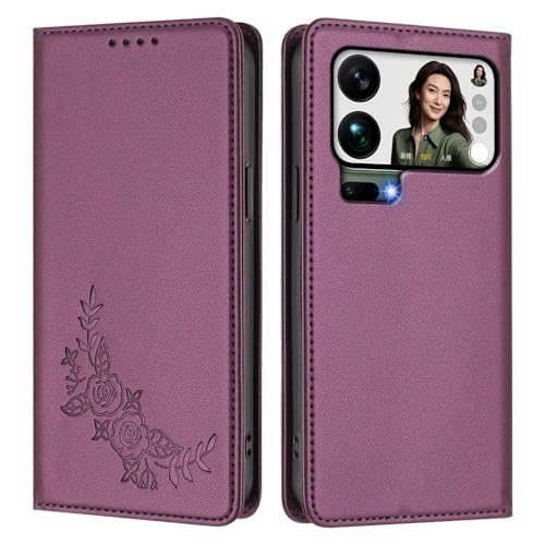 Étui en cuir Redmi Note 13 Pro 5G finition fleurs latérales violet foncé