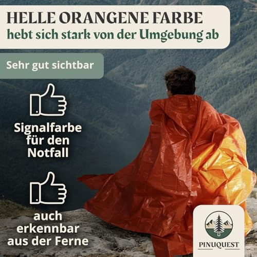 PINUQUEST Rettungsdecke 26 µm (2er-Set) - Extra Dicke & Robuste Erste Hilfe Decke, Notfalldecke für Outdoor, Survival, Camping, Wandern | Wasser- und Winddicht (210 × 160 cm) (Orange)