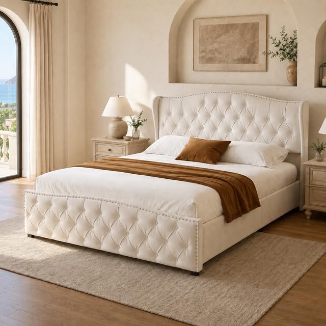 Cama 140x200 cm con canapé abatible y somier de láminas, Cama de Matrimonio tapizada, cabecero capitoné Chesterfield, Apertura hidráulica, Estructura metálica, Terciopelo Beige sin colchón