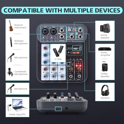 Image of 4 Channel DJ Audio Mixer, DJ Mixers Sound Board, Sound Mixer Board XLR 1 /4 inch Interface, BT USB MP3 Computer Input 48V Phantom Power Stereo Karaoke DJ Studio Streaming KTV Stage