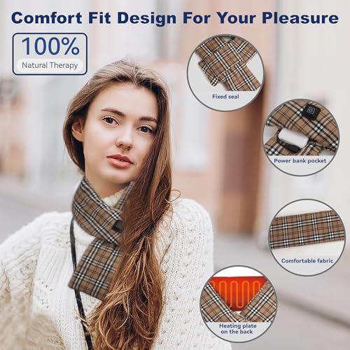 Cordless Heated Plaid Scarf for Neck Pain Relief - Rechargeable with 3 Heat Settings and 5000mAh Power Bank