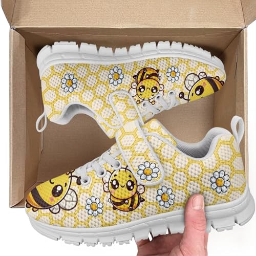 Kids Shoes Little Kid Boys Girls Athletic Running Sports Strap Sneakers for Little Kid/Big Kid Bee Flowers Pattern（White Sole）2