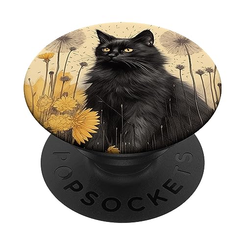Black Cat Floral Dandelion Flower PopSockets Swappable PopGrip