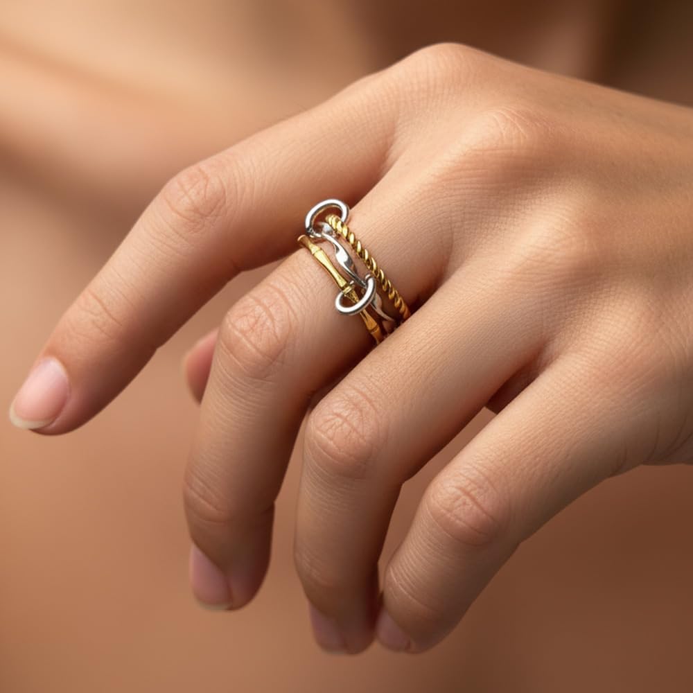 Stackable Rings for Women Non Tarnish Gold Silver Mixed Metal Wedding Band Set Gold Plated Stainless Steel with Cubic Zirconia Dainty Statement Thumb Ring Gift for Christmas Birthday Anniversary Jewelry