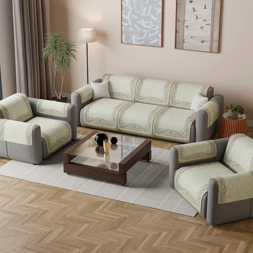 Image of Kuber Industries 5 Seater Sofa with Arm Cover | Velvet Slipcover for Living Room | Thick & Cozy | Non-Slip Comfort Sofa Cover Set | Digital Painting Juliet 1186 - Beige & Green