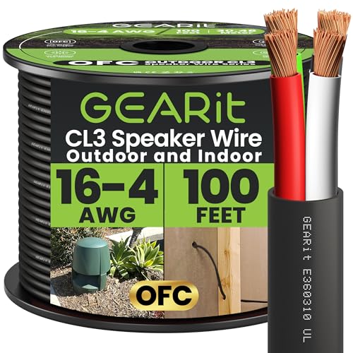 GearIT 16/4 Speaker Wire (100 Feet) 16AWG Gauge, Black 4-Conductors/Outdoor Direct Burial in Ground/in Wall / CL3 CL2 Rated - OFC Oxygen-Free Copper, Black 100ft
