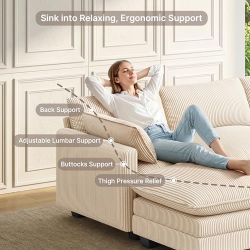 Image of Gizoon 110'' Oversized L Shaped Couch for Living Room, Cloud Couches with Washable Corduroy Cover, Modern 4-Seater Comfy Deep-Seat Sofa with Movable Ottoman and 2 Throw Pillows for Apartment, Beige