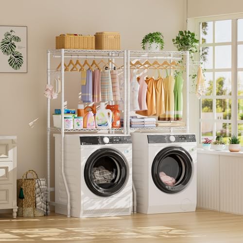 Image of Golpart Over Washer and Dryer Shelves,2 Tier Adjustable Height Wire Shelving Laundry Room Storage Organization Clothes Drying Rack with Hanger Rod&Hooks,Space Saving Organizers Shelf,White