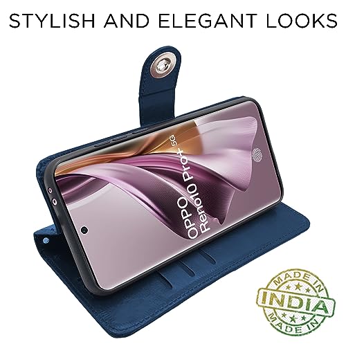 Image of Pikkme Oppo Reno 10 Pro Plus 5G Flip Cover Leather Finish | Inside TPU with Card Pockets | Wallet Stand and Shock Proof | Complete Protection Button Flip Case (Blue)