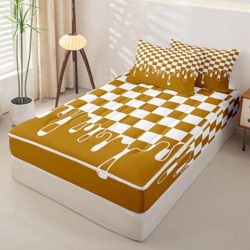 Image of Mustard Orange Checkered Zipper Bedding Full - 4 Piece Zip Up Comforter Set with Fitted Sheet & Pillowcases,Durable Bed-in-a-Bag Set Bedding for Kids,Checkerboard Drip Cool Aesthetic Funky Geometric