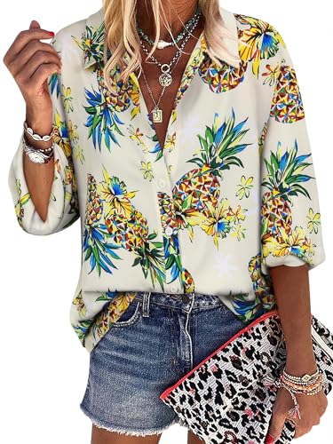 ZXZY Women Pineapple Printed Tropical Shirts Lapel Collar Half