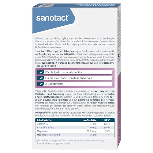 sanotact Mönchspfeffer Tabletten hochdosiert – 15 mg Vitex Agnus Castus – mit Vitamin B6, Magnesium & Pantothensäure – zur Regulierung der Hormonaktivitäten – vegan – 60 Tabletten – Made in Germany