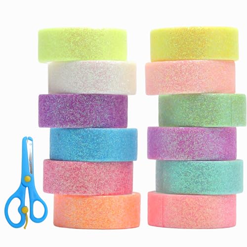 TMZELOA Washi Lot de 12 rouleaux de ruban adhésif coloré à paillettes - Avec ciseaux - Ruban décoratif coloré - Pour bricolage, bullet journal et loisirs...