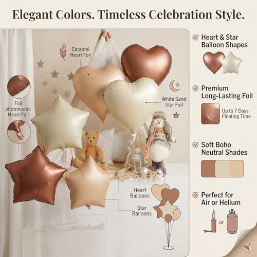 Image of Atpata Funky Boho Theme Foil Balloons - White Sand, Nude Cream, Tan Brown Caramel Shades - Stars and Hearts Shape - for Weddings, Birthdays, Baby Showers, and Party Decorations (6pcs, Heart & Star)