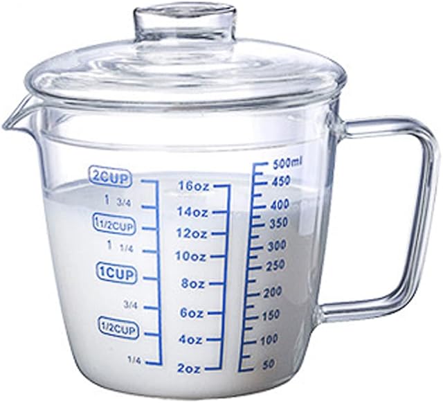 YJZQ Glass Measuring Cup With Lid Handle Kids Coffee Tea Milk Cup 500ml Pour Spout 17 oz Heat Resistant Microwave Glass Mug Clear Scaled Ounce Measure Jug Cup for Cooking Baking