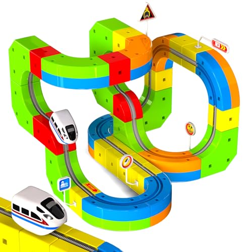 Goody King Train Électrique Enfant 69 Pièces - Ensemble de Train Magnétique 3D DIY avec Rails Cubes et Train Electrique, Jeu de Construction STEM Éducatif et Cadeau...