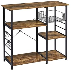 Yaheetech 4-Tier Kitchen Baker’s Rack, Coffee Bar Microwave Stand Cart with Wire Basket & 6 Side Hooks, Kitchen Organizer Shelf for Spices/Utensils Foods, Rustic Brown