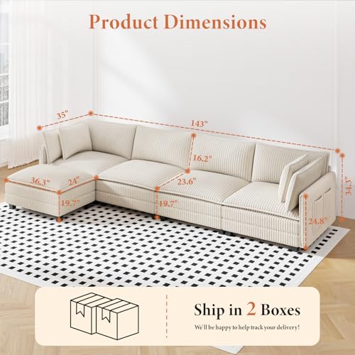 Image of Vesgantti 143 inch L Shaped Modular Sectional Sofa, Comfy Corduroy Upholstered Modular Sectional Couches for Living Room, Modern Cloud Couch with Ottoman Deep Seat, Beige