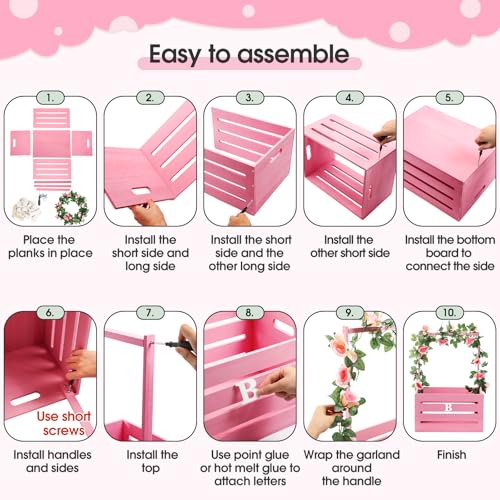 Image of Barydat Wooden Baby Crate Closet, Baby Basket with Handle and Garland Storage Hamper Shower Wooden Gift Crate Letters Self Adhesive for Pregnancy New Parent(Pink)