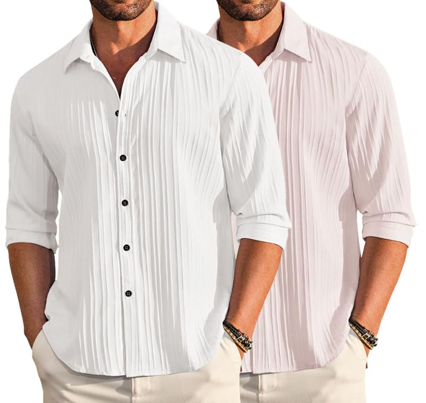 Image of DEELMO Combo of Men's Casual Button Down Shirts Long Sleeve Linen Shirt Fashion Textured Summer Shirts Pack of 2