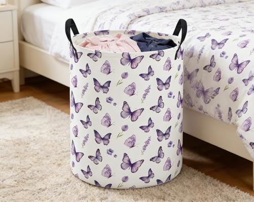 Image of ESSME Kids Laundry Basket,Butterfly Hamper Collapsible Canvas Waterproof Storage Bin for Girls, Cute Hamper,Gift Baskets(Purple butterfly)