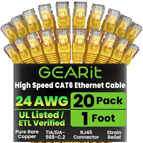 GEARit Cat6 Patch Cables 1 Foot Yellow Cat 6 Ethernet Cable 20-Pack