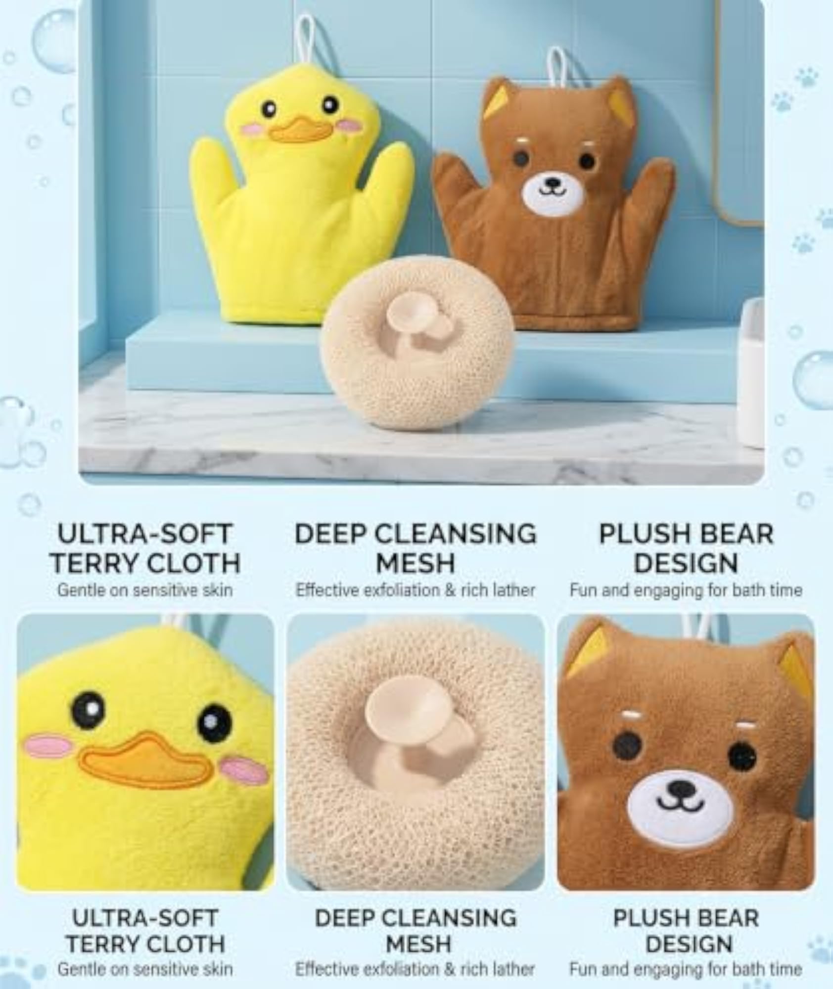 3PCS Loofah for Kids, Soft Bath Sponge with Design