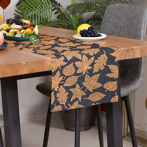 Image of HOME COLORS.IN Cotton Ribbed Maple Leaf Orange Table Runner - Machine Washable - Durable - Dining Table Runner - 14 x 52 Inch - Black