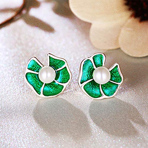 Pendientes de plata antialérgicos hechos a mano con perlas y esmalte verde retro cómodos 4