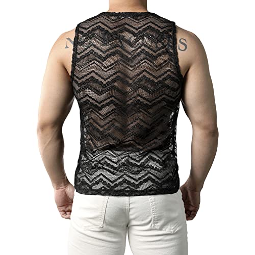 Jogal Mens See Through Lace Shirts Sleeveless Muscle Tops Blackwave Xx-Large #TOP1